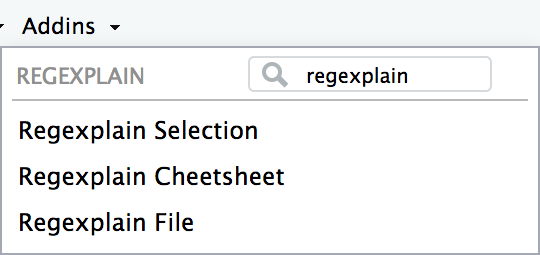 regexplain in the Rstudio Addins dropdown