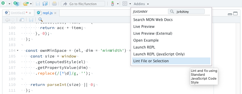 The _Lint File or Selection_ RStudio adding provided by the _js4shiny_ package.